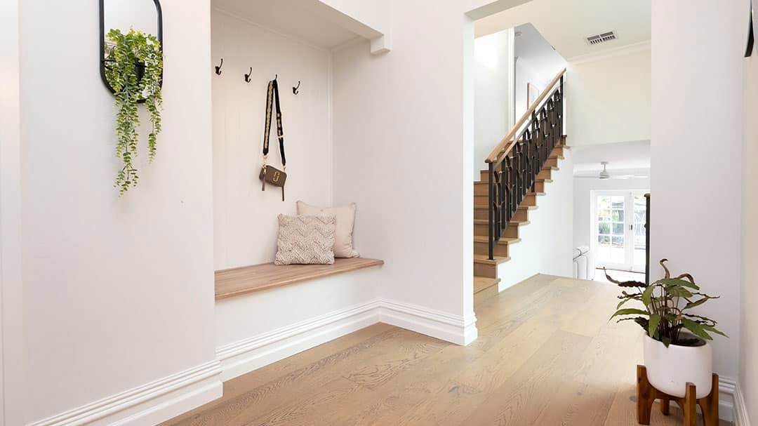 French Oak Driftwood timber flooring in a bright Hamptons-style Perth home entry with staircase