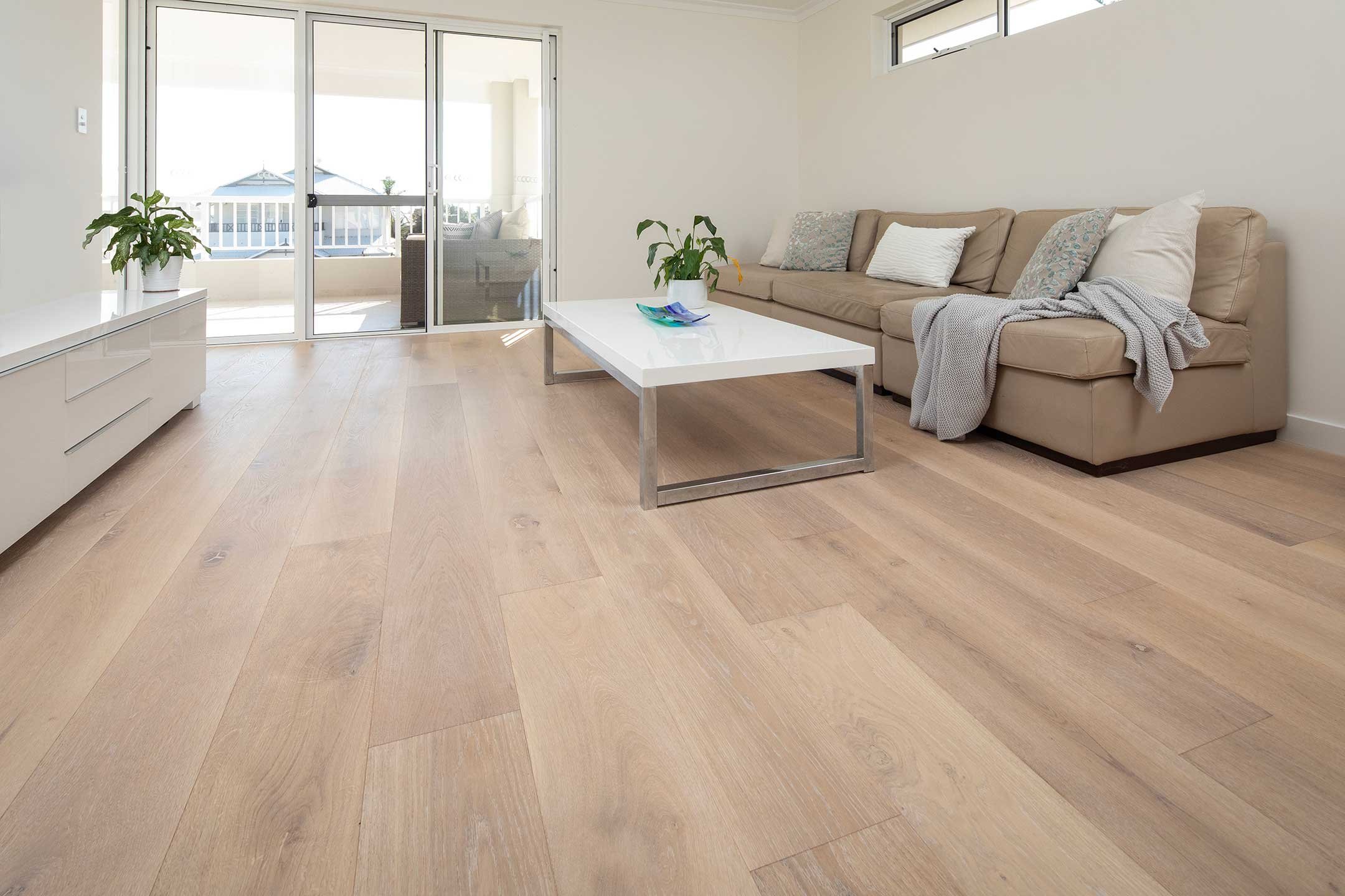 Hamptons style living room with French Oak limed wash timber flooring