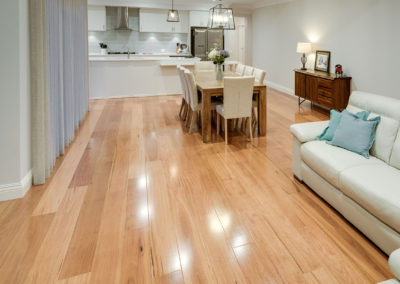 Lounge room area with NSW Blackbutt timber flooring
