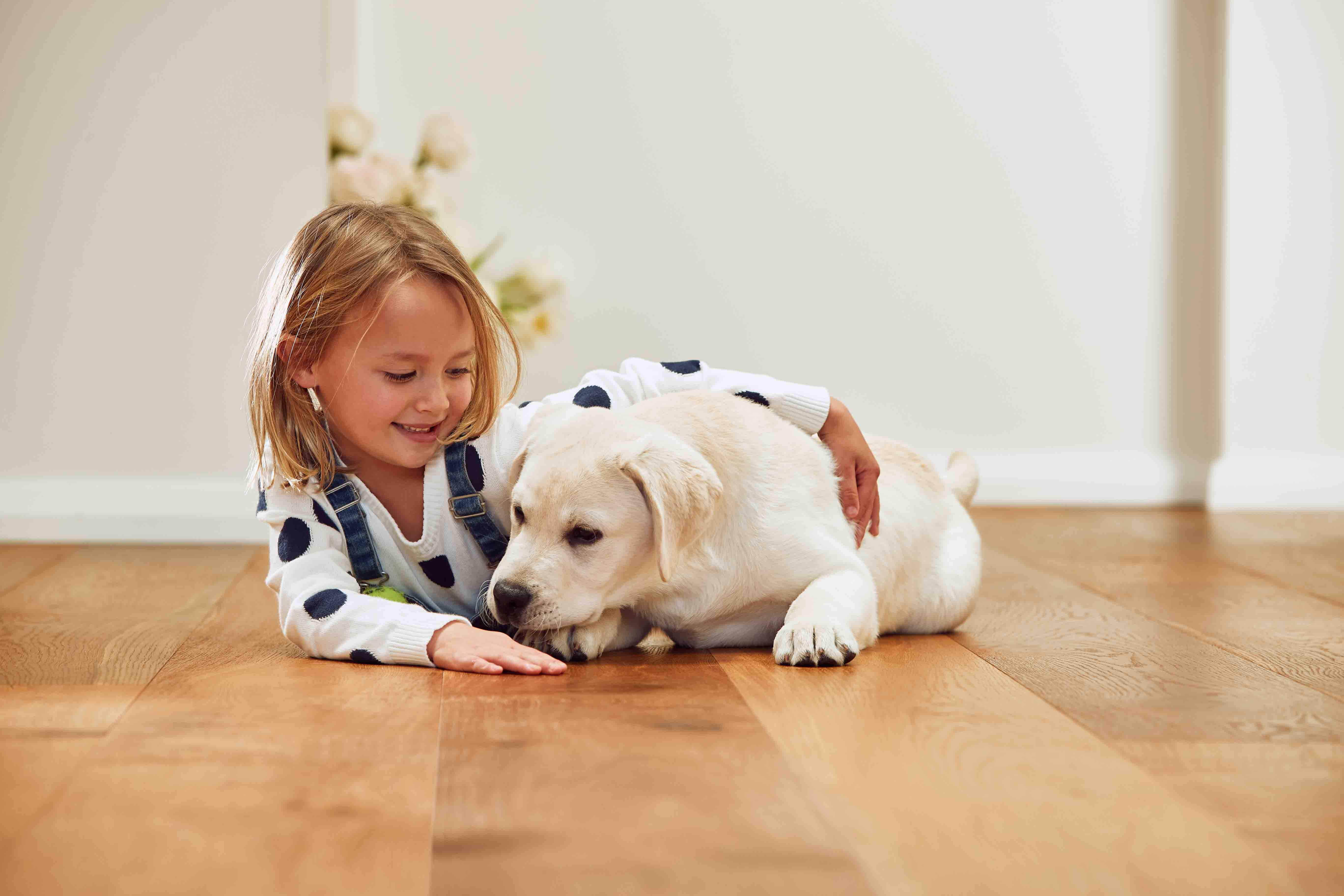 young girl and dog on French oak timber floor in Perth Australia