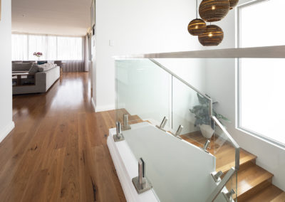 Top of Blackbutt timber staircase leading to upstairs living areas