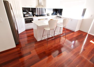Australian hardwood jarrah timber flooring laid in kitchen area of Perth home