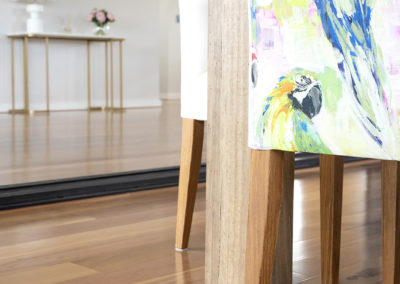 Dining chairs and table with felted tips to avoid damage to Blackbutt timber flooring