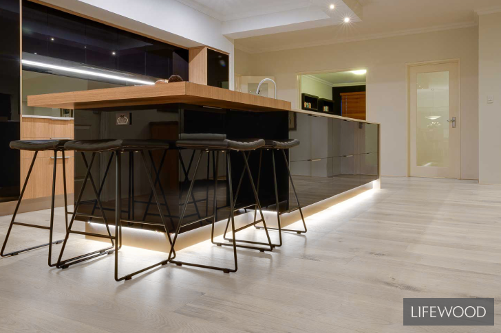 Iced white french oak flooring throughout kitchen and dining area