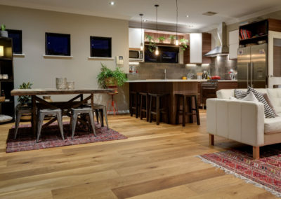 Smoked oak flooring in kitchen and dining area