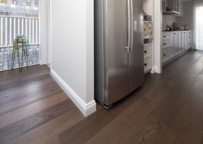 Shou Sugi Ban French Oak timber floorboards laid in kitchen